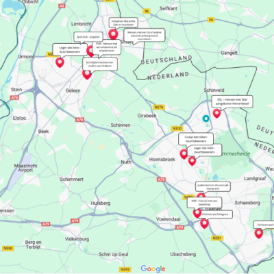foto van een landkaart met pinnejtes op de plekken in de mijnstreek waar we gesprekken hebben gevoerd