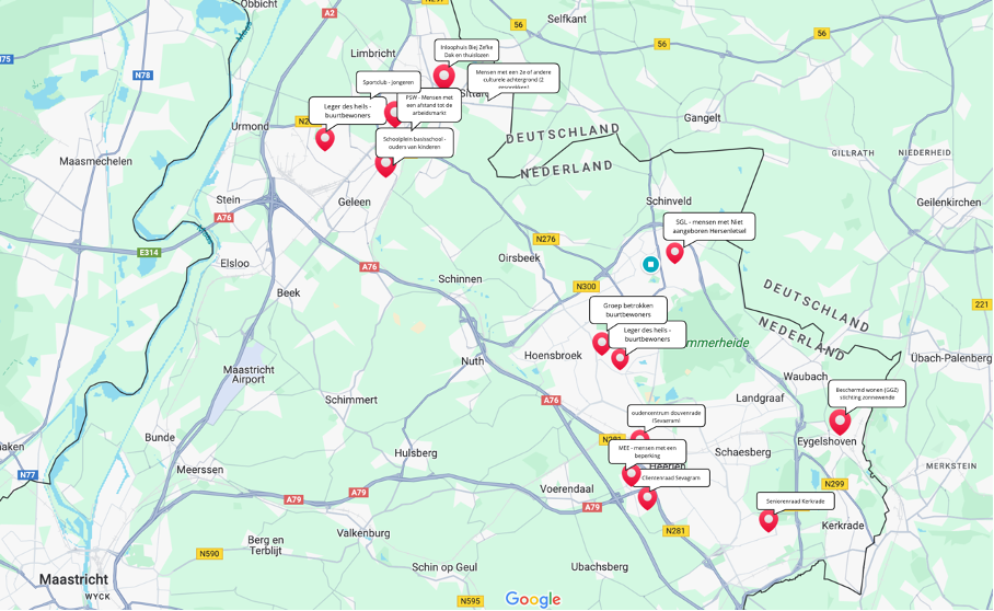 foto van een landkaart met pinnejtes op de plekken in de mijnstreek waar we gesprekken hebben gevoerd